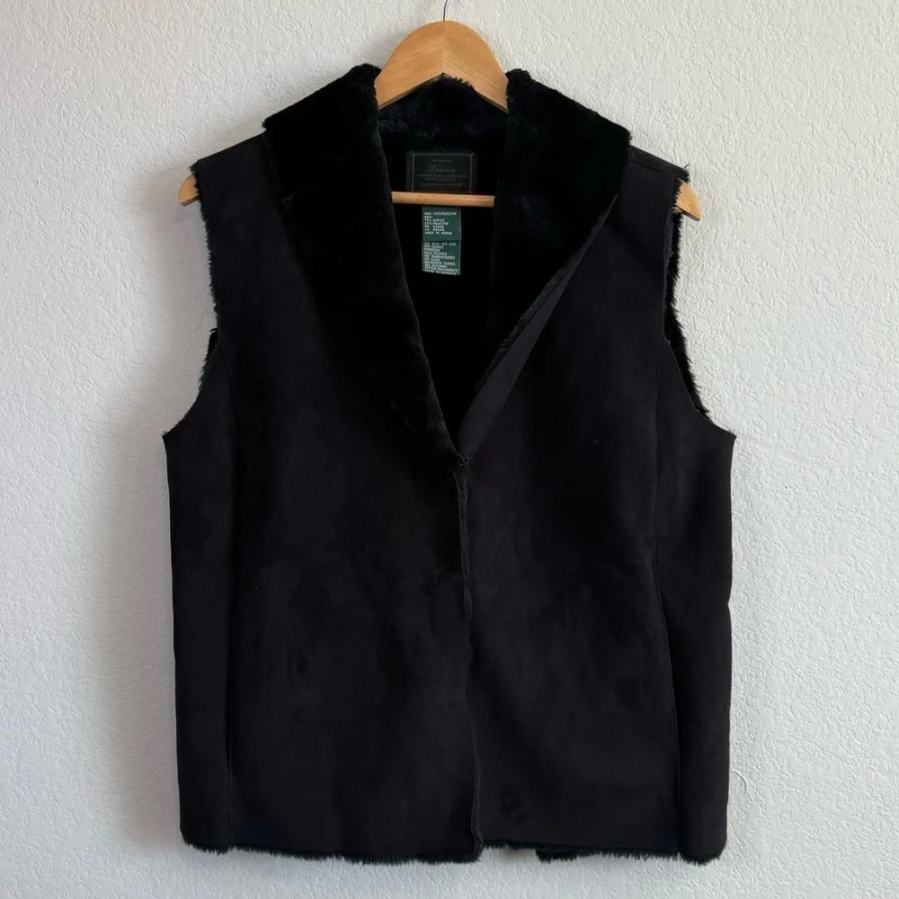 Lauren Ralph Lauren Black Faux Suede Fur Lined Sleeveless Vest Size Large - Picture 2 of 12